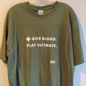 Ultimate Frisbee “Give Blood Play Ultimate” Tee (Olive Green, XL)